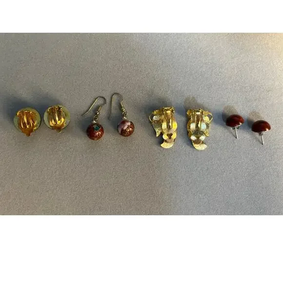 VTG Cloisonné Earring Lot of 4 Enamel Butterfly, Dangle Floral, Clip On Floral